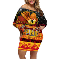 PNG Hamamas Krismas Off Shoulder Short Dress Papua New Guinea Bird Of Paradise Merry Christmas Black Style - Wonder Print Shop
