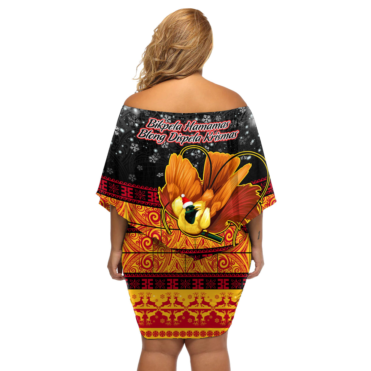 PNG Hamamas Krismas Off Shoulder Short Dress Papua New Guinea Bird Of Paradise Merry Christmas Black Style - Wonder Print Shop