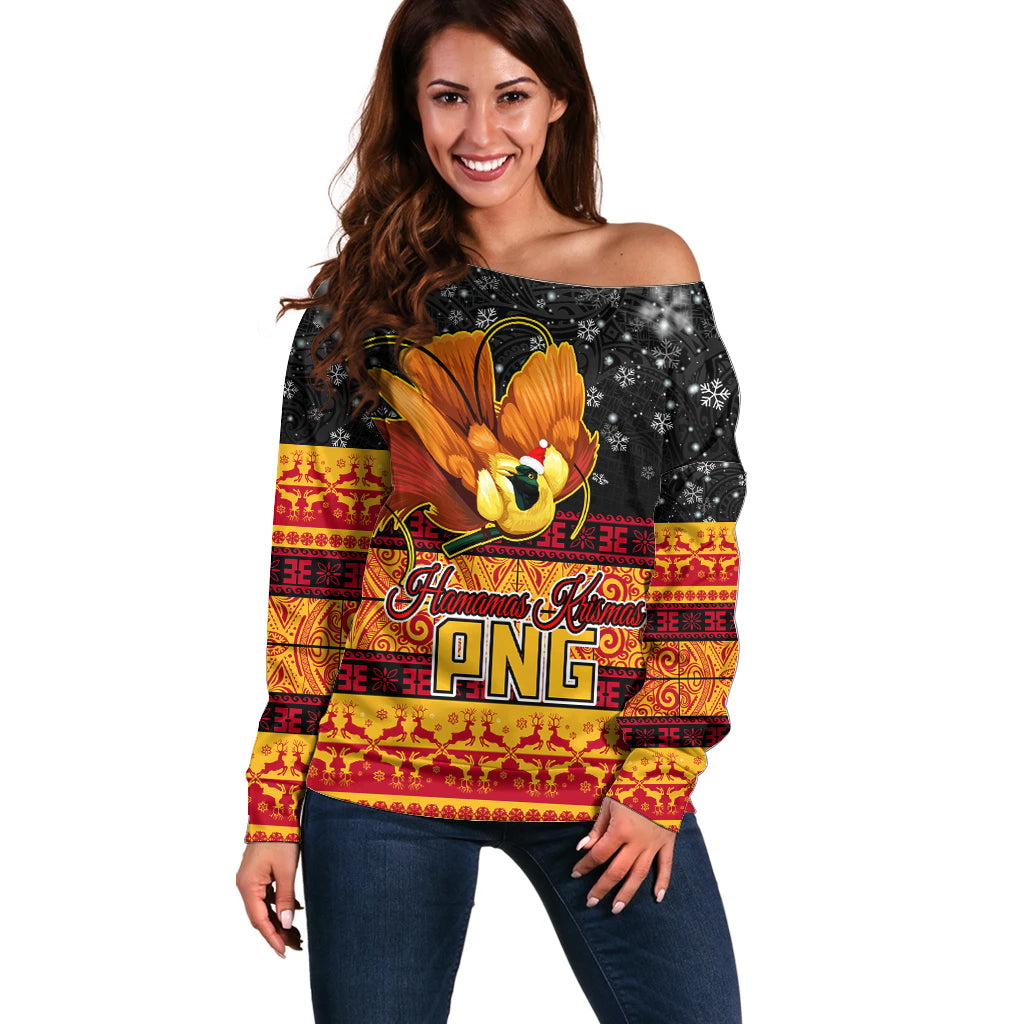 PNG Hamamas Krismas Off Shoulder Sweater Papua New Guinea Bird Of Paradise Merry Christmas Black Style - Wonder Print Shop