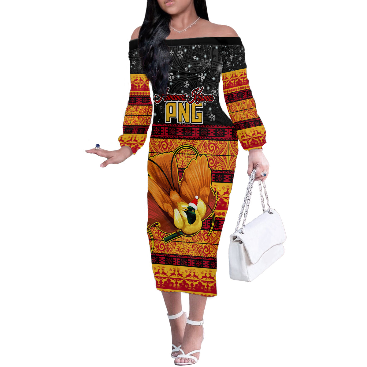 PNG Hamamas Krismas Off The Shoulder Long Sleeve Dress Papua New Guinea Bird Of Paradise Merry Christmas Black Style - Wonder Print Shop