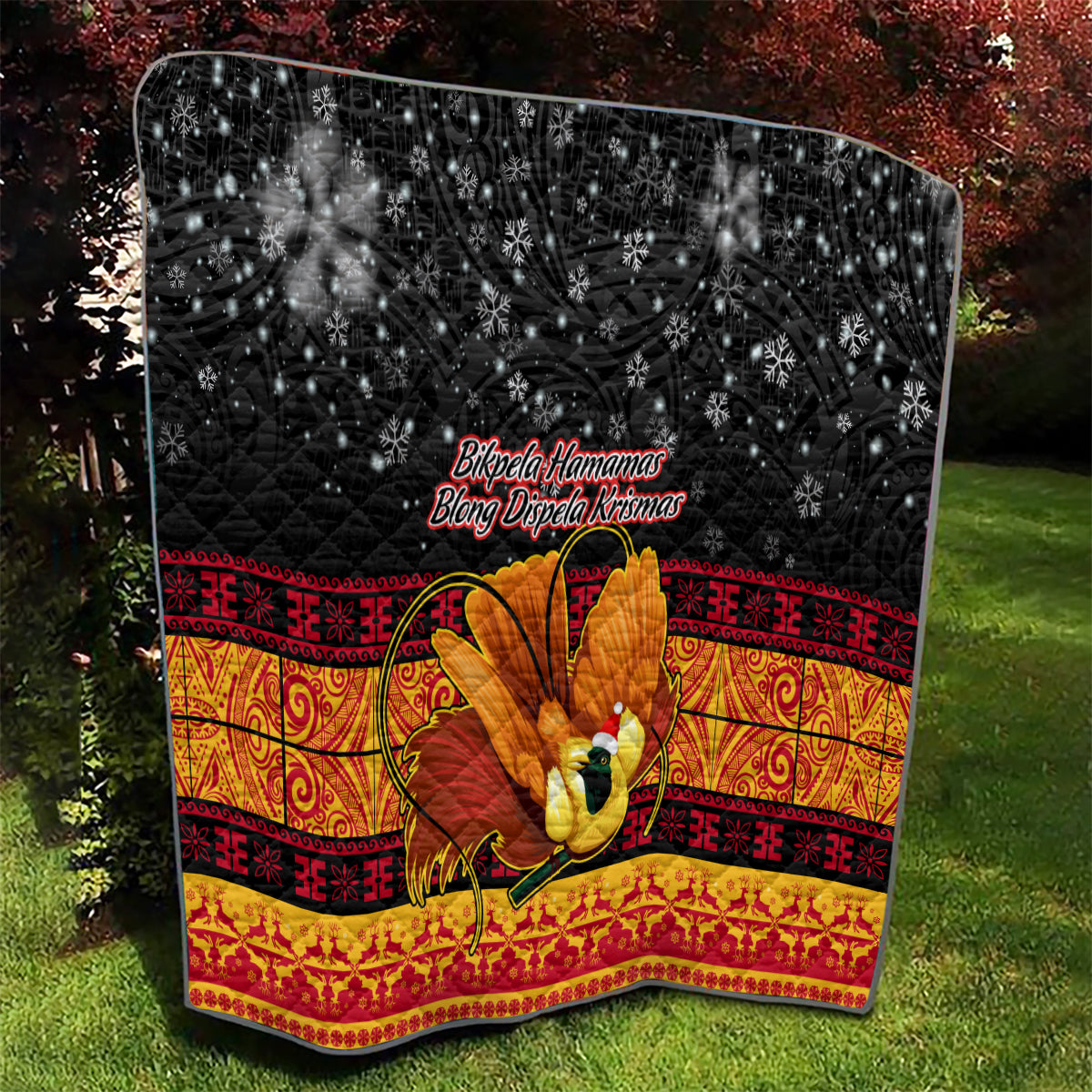 PNG Hamamas Krismas Quilt Papua New Guinea Bird Of Paradise Merry Christmas Black Style - Wonder Print Shop