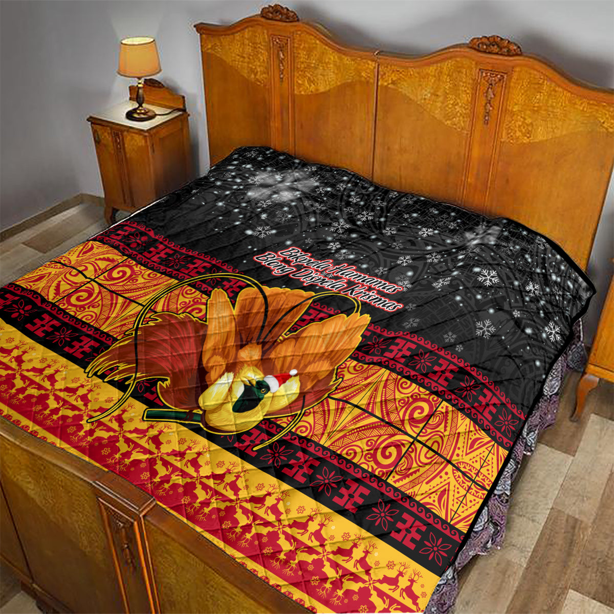 PNG Hamamas Krismas Quilt Papua New Guinea Bird Of Paradise Merry Christmas Black Style - Wonder Print Shop