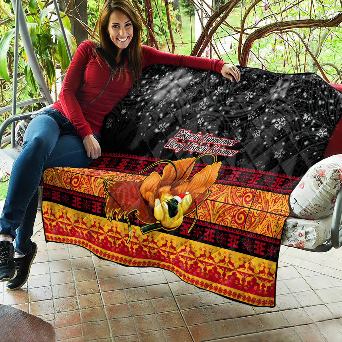 PNG Hamamas Krismas Quilt Papua New Guinea Bird Of Paradise Merry Christmas Black Style - Wonder Print Shop