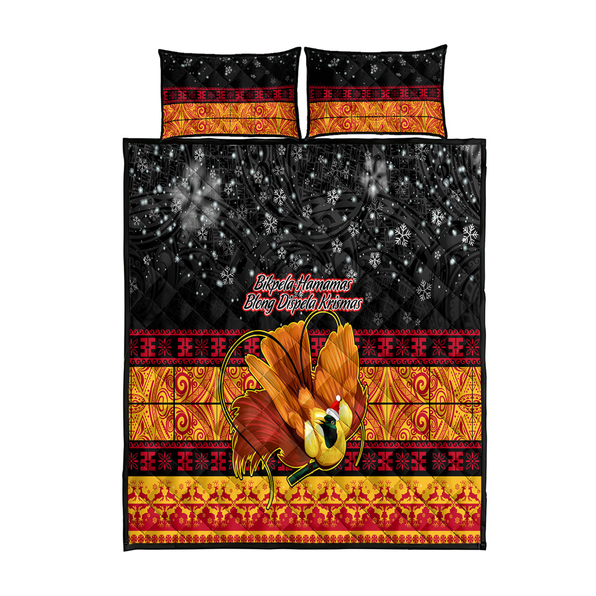 PNG Hamamas Krismas Quilt Bed Set Papua New Guinea Bird Of Paradise Merry Christmas Black Style - Wonder Print Shop