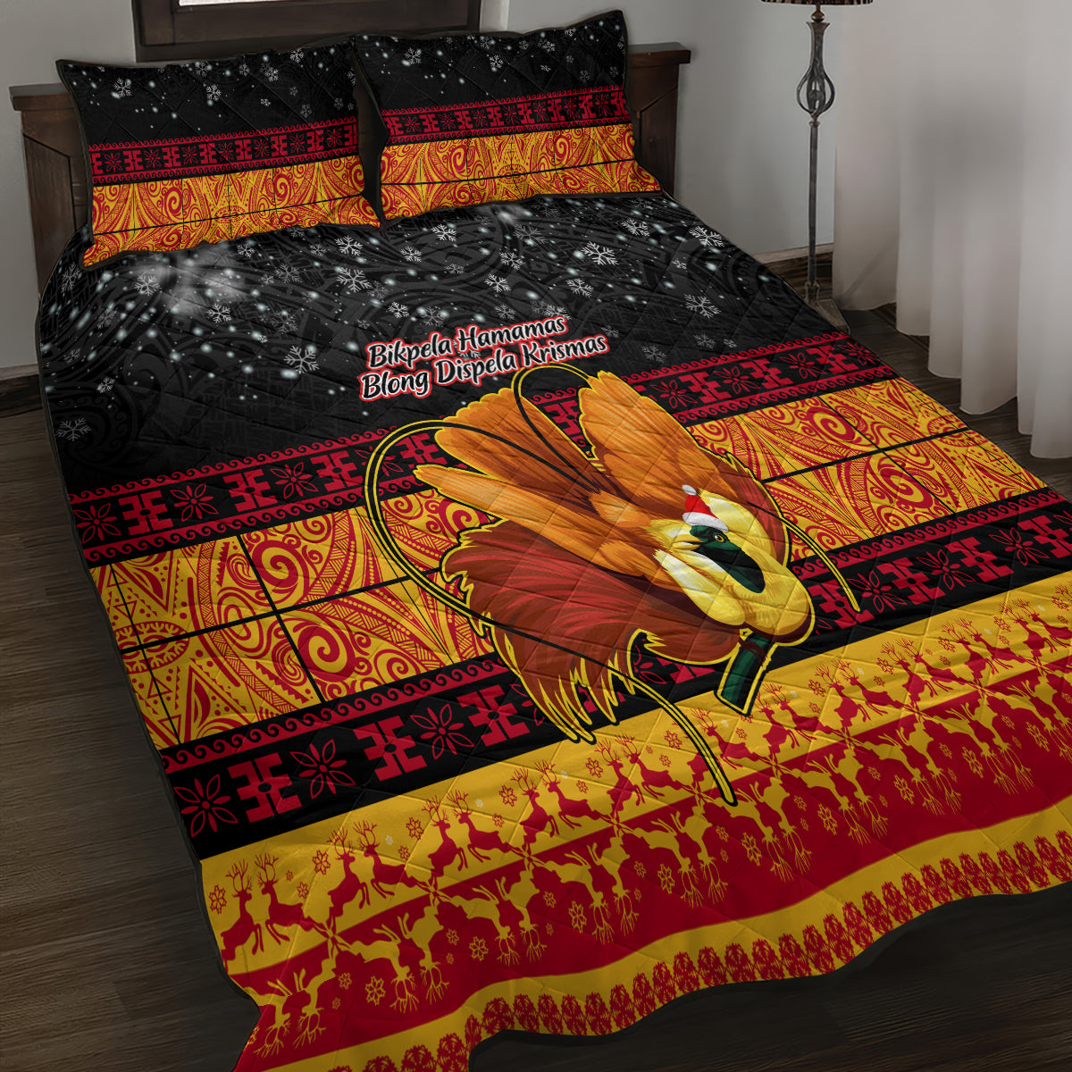 PNG Hamamas Krismas Quilt Bed Set Papua New Guinea Bird Of Paradise Merry Christmas Black Style - Wonder Print Shop