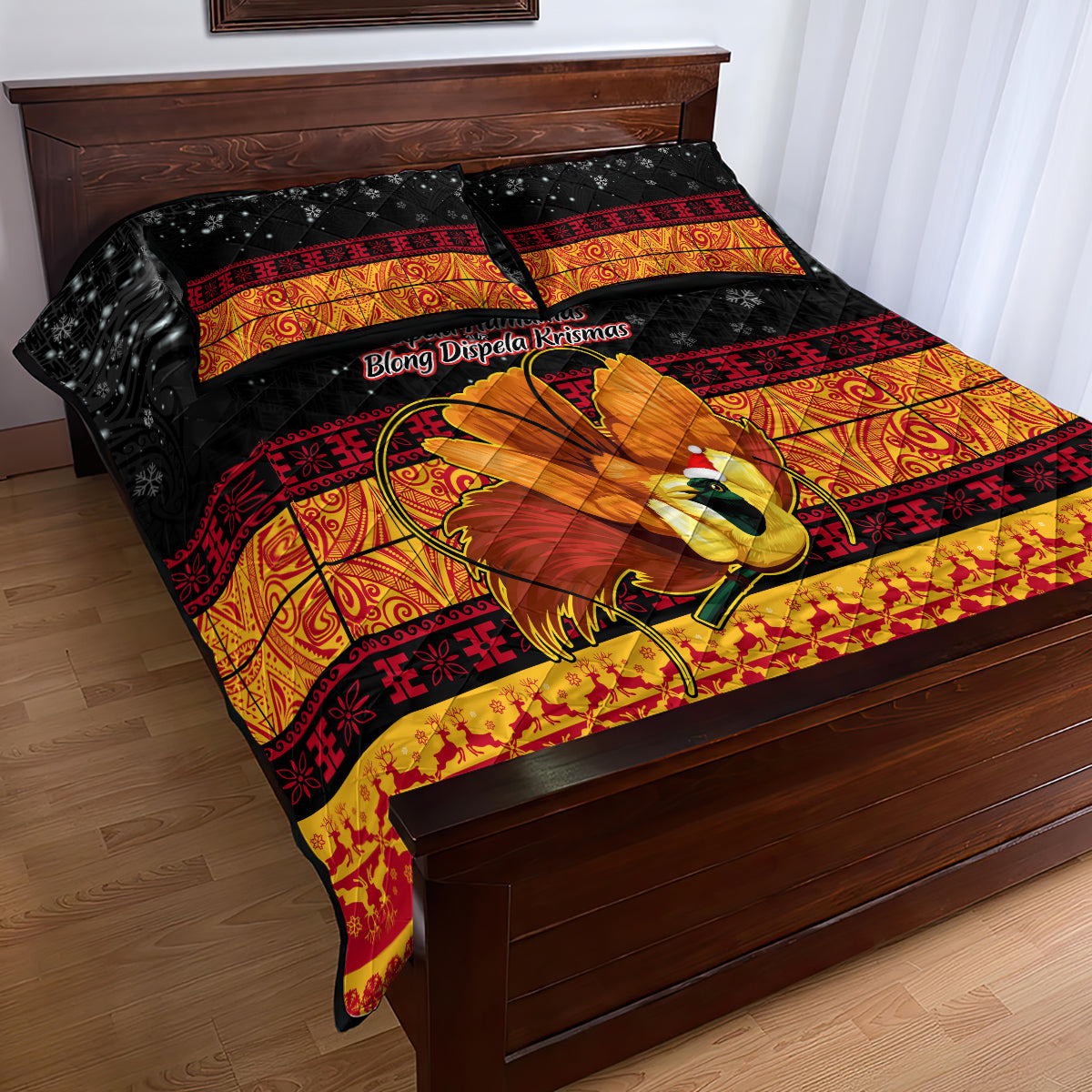PNG Hamamas Krismas Quilt Bed Set Papua New Guinea Bird Of Paradise Merry Christmas Black Style - Wonder Print Shop