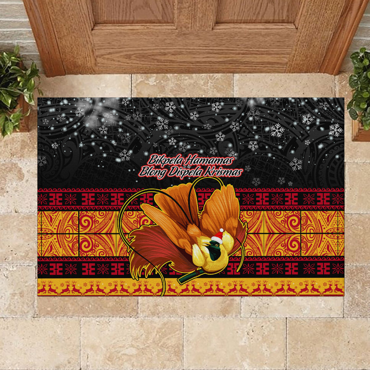 PNG Hamamas Krismas Rubber Doormat Papua New Guinea Bird Of Paradise Merry Christmas Black Style - Wonder Print Shop