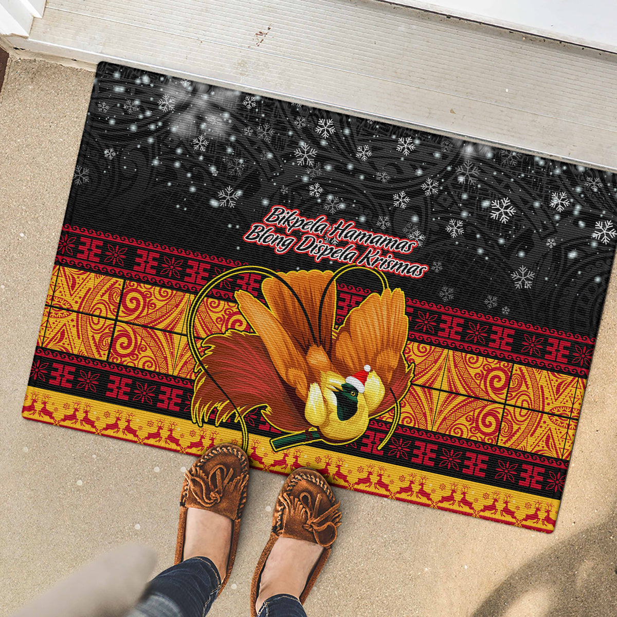 PNG Hamamas Krismas Rubber Doormat Papua New Guinea Bird Of Paradise Merry Christmas Black Style - Wonder Print Shop