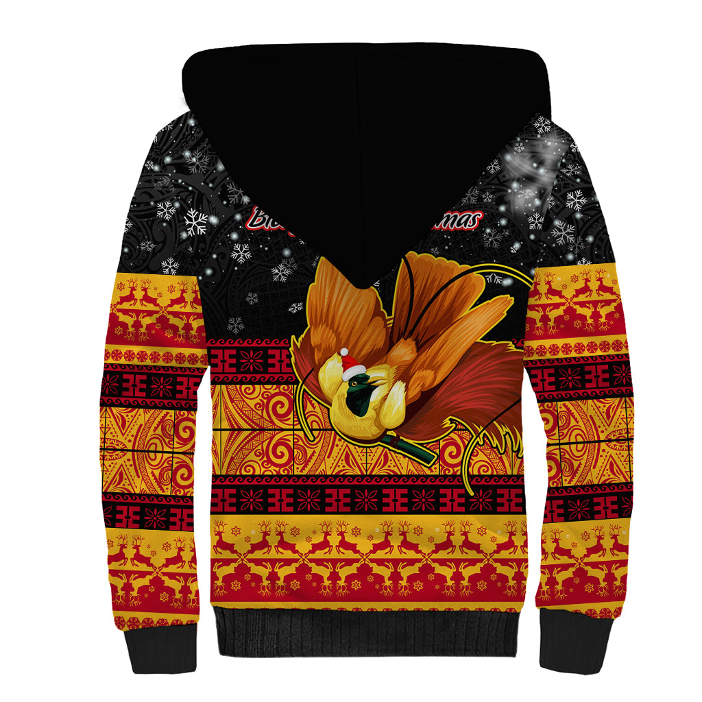 PNG Hamamas Krismas Sherpa Hoodie Papua New Guinea Bird Of Paradise Merry Christmas Black Style - Wonder Print Shop