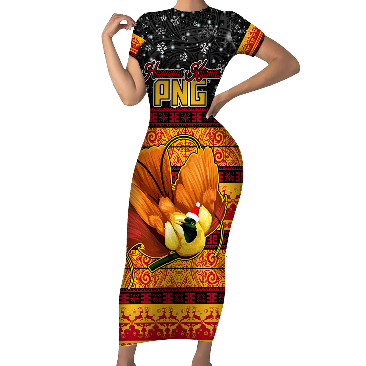 PNG Hamamas Krismas Short Sleeve Bodycon Dress Papua New Guinea Bird Of Paradise Merry Christmas Black Style - Wonder Print Shop