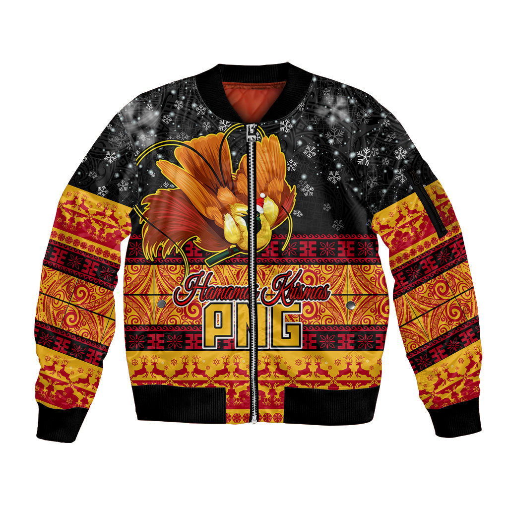 PNG Hamamas Krismas Sleeve Zip Bomber Jacket Papua New Guinea Bird Of Paradise Merry Christmas Black Style - Wonder Print Shop