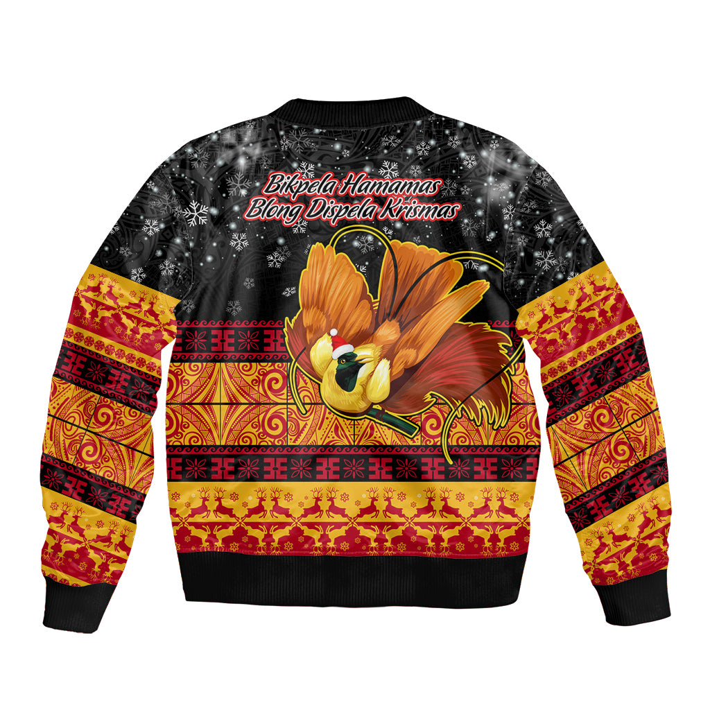 PNG Hamamas Krismas Sleeve Zip Bomber Jacket Papua New Guinea Bird Of Paradise Merry Christmas Black Style - Wonder Print Shop