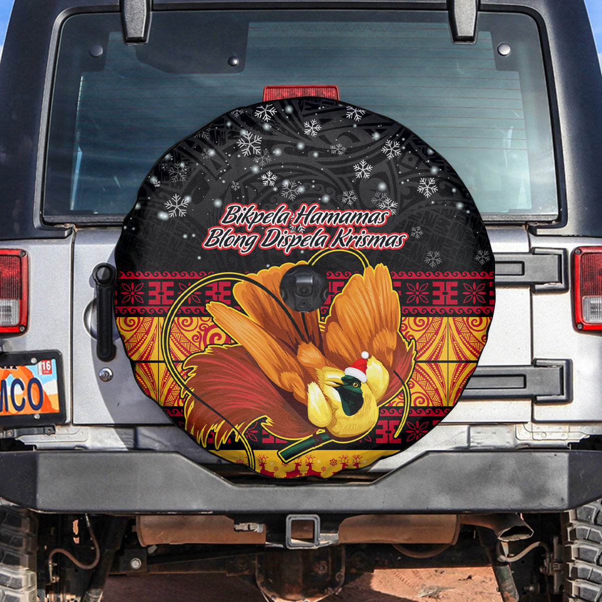 PNG Hamamas Krismas Spare Tire Cover Papua New Guinea Bird Of Paradise Merry Christmas Black Style - Wonder Print Shop