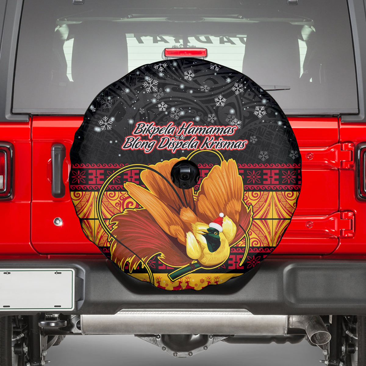 PNG Hamamas Krismas Spare Tire Cover Papua New Guinea Bird Of Paradise Merry Christmas Black Style - Wonder Print Shop