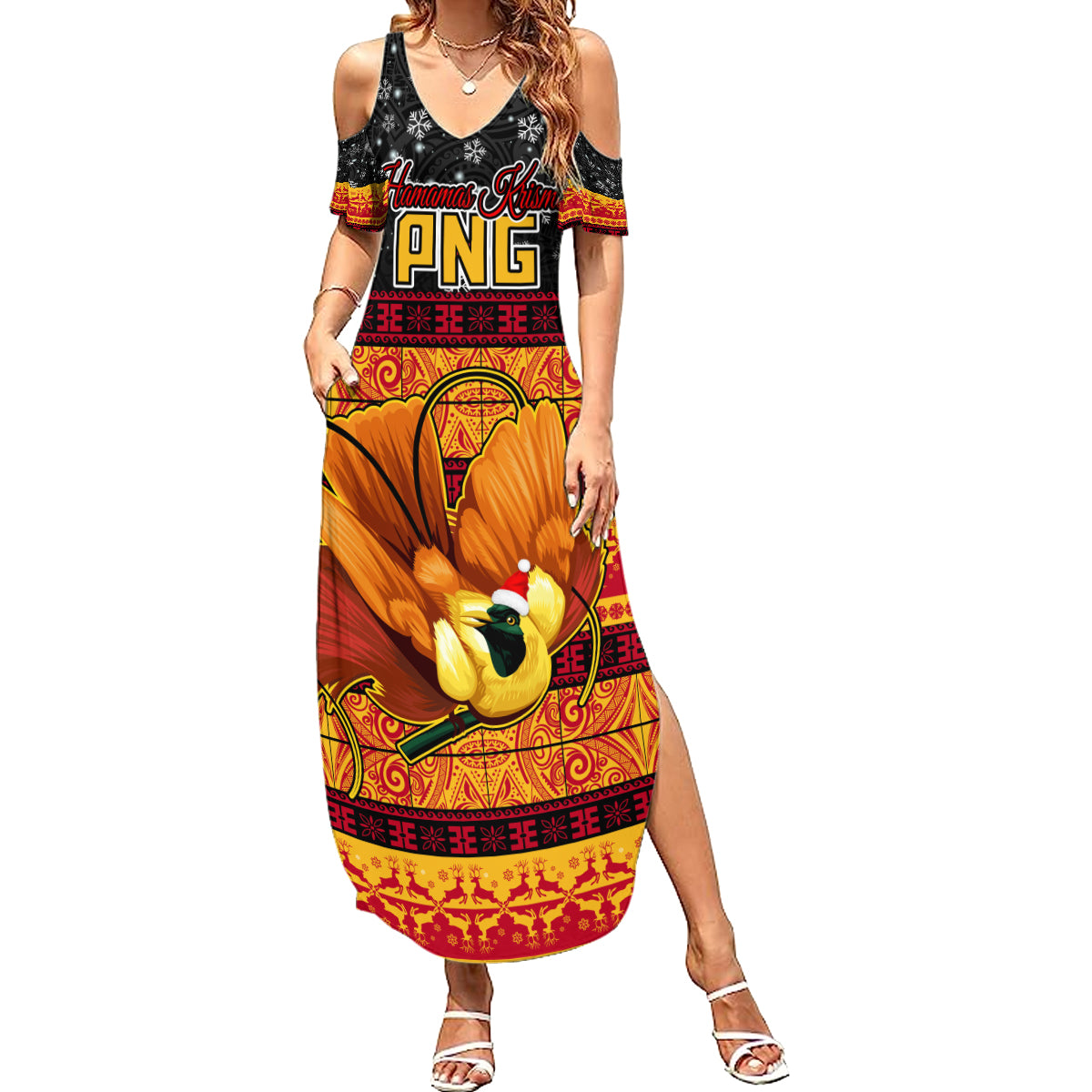 PNG Hamamas Krismas Summer Maxi Dress Papua New Guinea Bird Of Paradise Merry Christmas Black Style - Wonder Print Shop