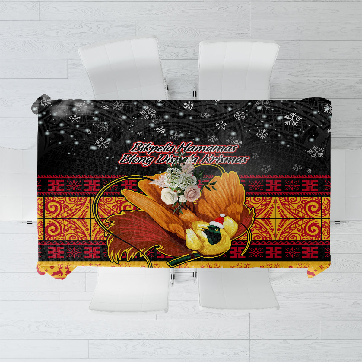 PNG Hamamas Krismas Tablecloth Papua New Guinea Bird Of Paradise Merry Christmas Black Style - Wonder Print Shop