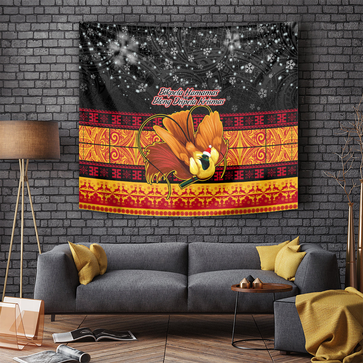 PNG Hamamas Krismas Tapestry Papua New Guinea Bird Of Paradise Merry Christmas Black Style - Wonder Print Shop