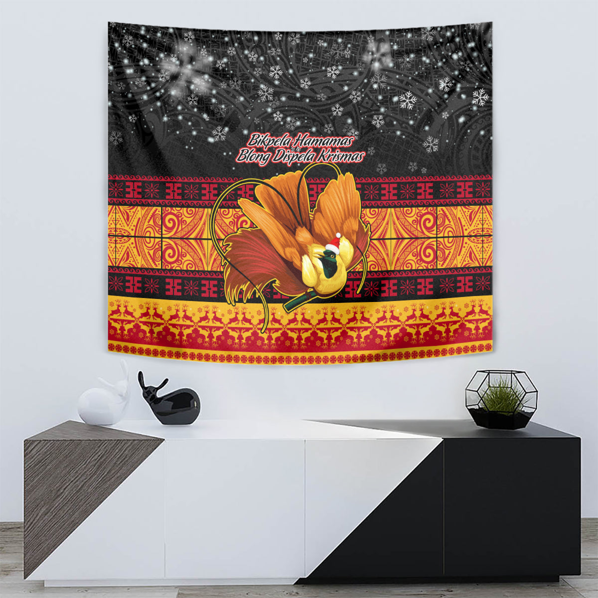 PNG Hamamas Krismas Tapestry Papua New Guinea Bird Of Paradise Merry Christmas Black Style - Wonder Print Shop