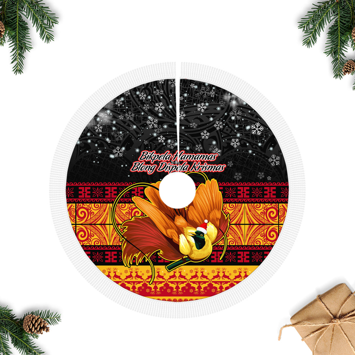 PNG Hamamas Krismas Tree Skirt Papua New Guinea Bird Of Paradise Merry Christmas Black Style - Wonder Print Shop