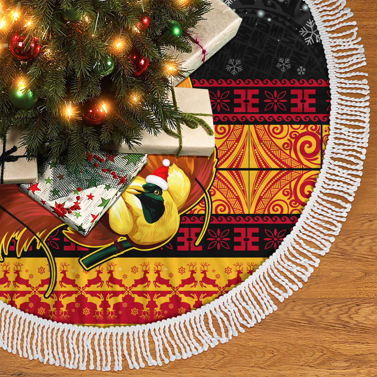 PNG Hamamas Krismas Tree Skirt Papua New Guinea Bird Of Paradise Merry Christmas Black Style - Wonder Print Shop