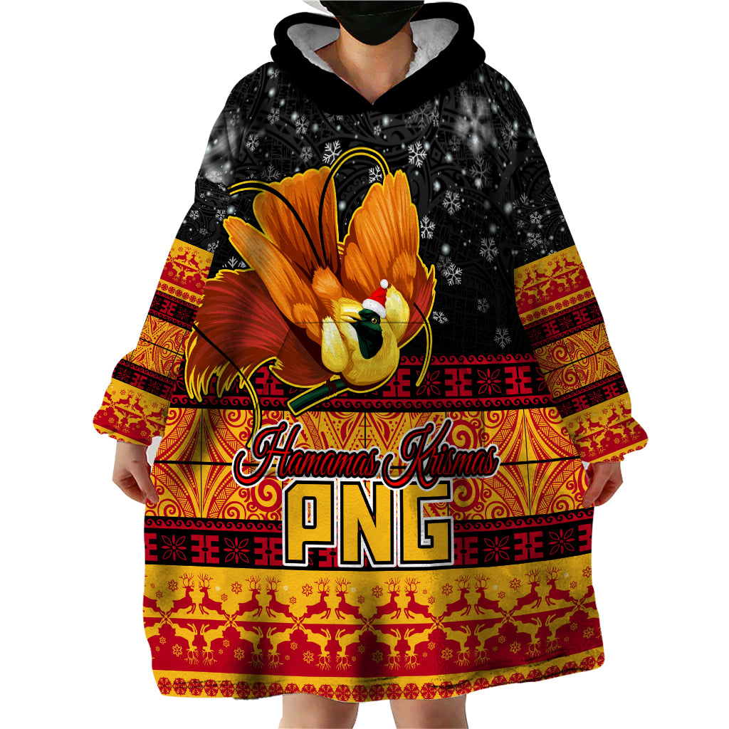 PNG Hamamas Krismas Wearable Blanket Hoodie Papua New Guinea Bird Of Paradise Merry Christmas Black Style - Wonder Print Shop