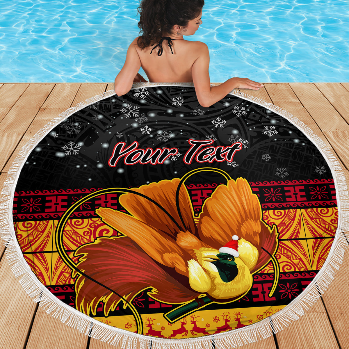 Personalised PNG Hamamas Krismas Beach Blanket Papua New Guinea Bird Of Paradise Merry Christmas Black Style LT9 - Wonder Print Shop