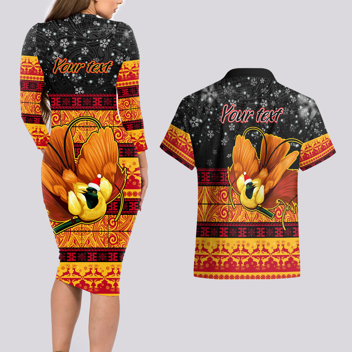 Personalised PNG Hamamas Krismas Couples Matching Long Sleeve Bodycon Dress and Hawaiian Shirt Papua New Guinea Bird Of Paradise Merry Christmas Black Style LT9 - Wonder Print Shop