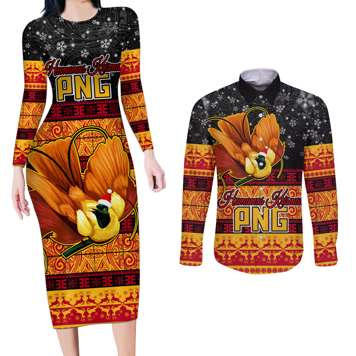 Personalised PNG Hamamas Krismas Couples Matching Long Sleeve Bodycon Dress and Long Sleeve Button Shirt Papua New Guinea Bird Of Paradise Merry Christmas Black Style LT9 - Wonder Print Shop