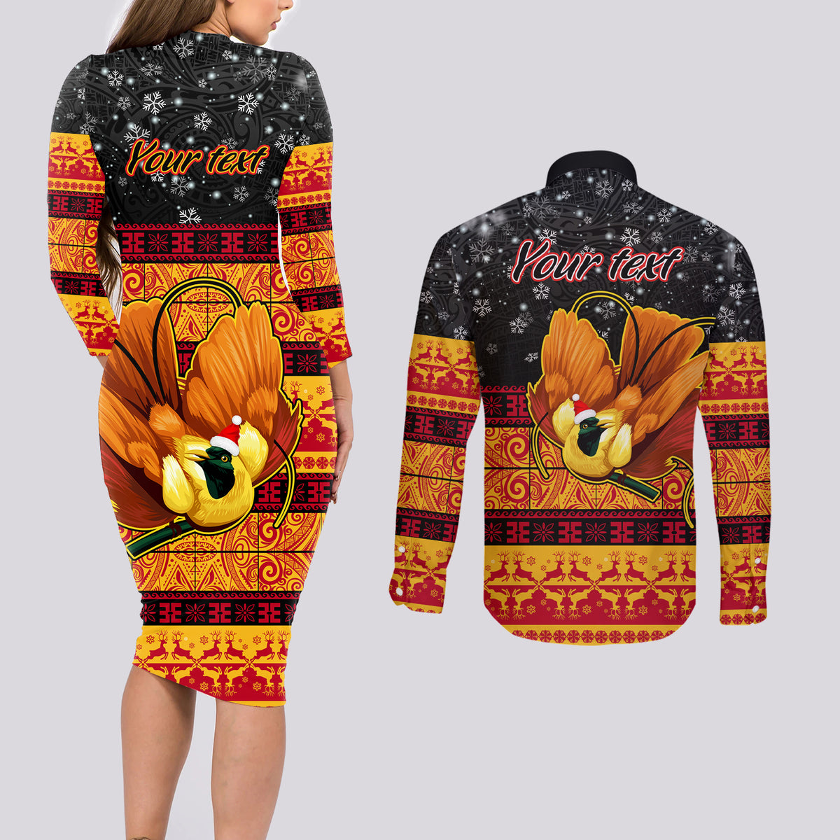 Personalised PNG Hamamas Krismas Couples Matching Long Sleeve Bodycon Dress and Long Sleeve Button Shirt Papua New Guinea Bird Of Paradise Merry Christmas Black Style LT9 - Wonder Print Shop