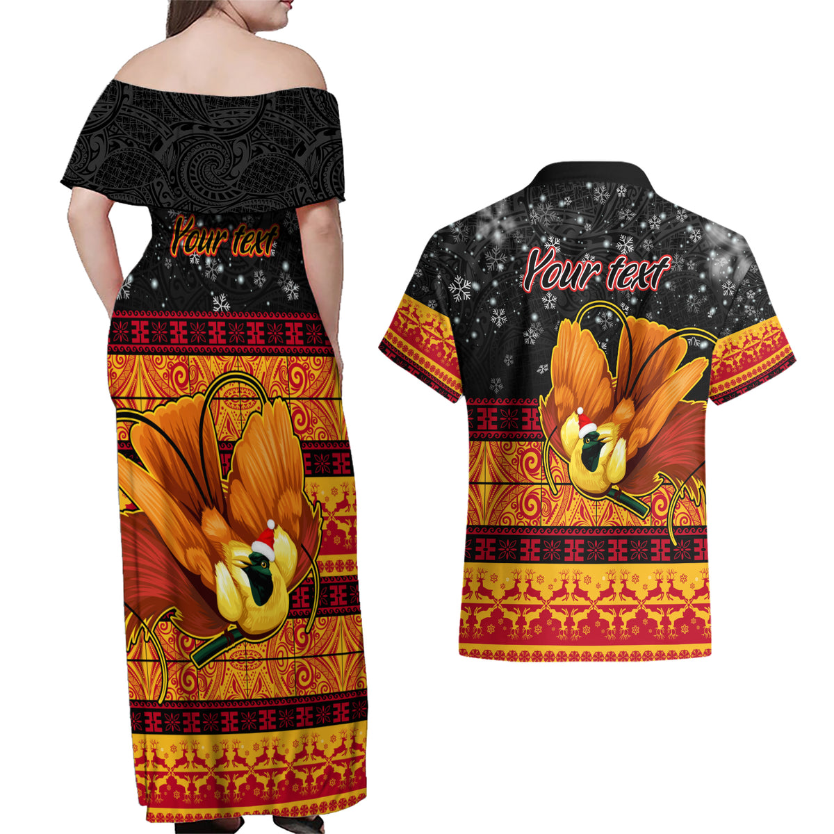 Personalised PNG Hamamas Krismas Couples Matching Off Shoulder Maxi Dress and Hawaiian Shirt Papua New Guinea Bird Of Paradise Merry Christmas Black Style LT9 - Wonder Print Shop