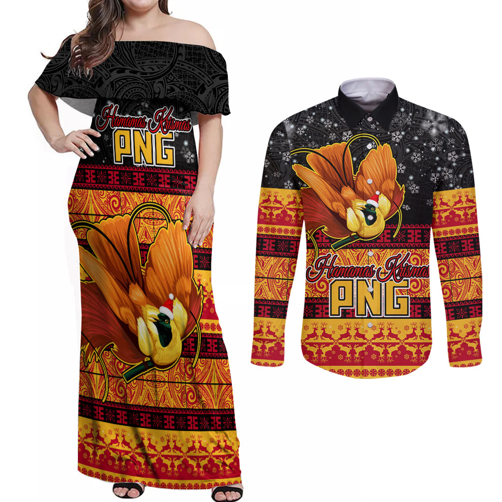 Personalised PNG Hamamas Krismas Couples Matching Off Shoulder Maxi Dress and Long Sleeve Button Shirt Papua New Guinea Bird Of Paradise Merry Christmas Black Style LT9 - Wonder Print Shop