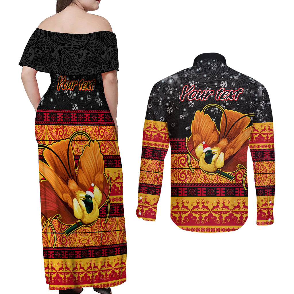 Personalised PNG Hamamas Krismas Couples Matching Off Shoulder Maxi Dress and Long Sleeve Button Shirt Papua New Guinea Bird Of Paradise Merry Christmas Black Style LT9 - Wonder Print Shop