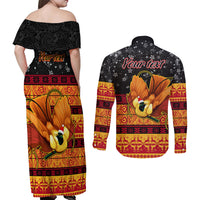 Personalised PNG Hamamas Krismas Couples Matching Off Shoulder Maxi Dress and Long Sleeve Button Shirt Papua New Guinea Bird Of Paradise Merry Christmas Black Style LT9 - Wonder Print Shop