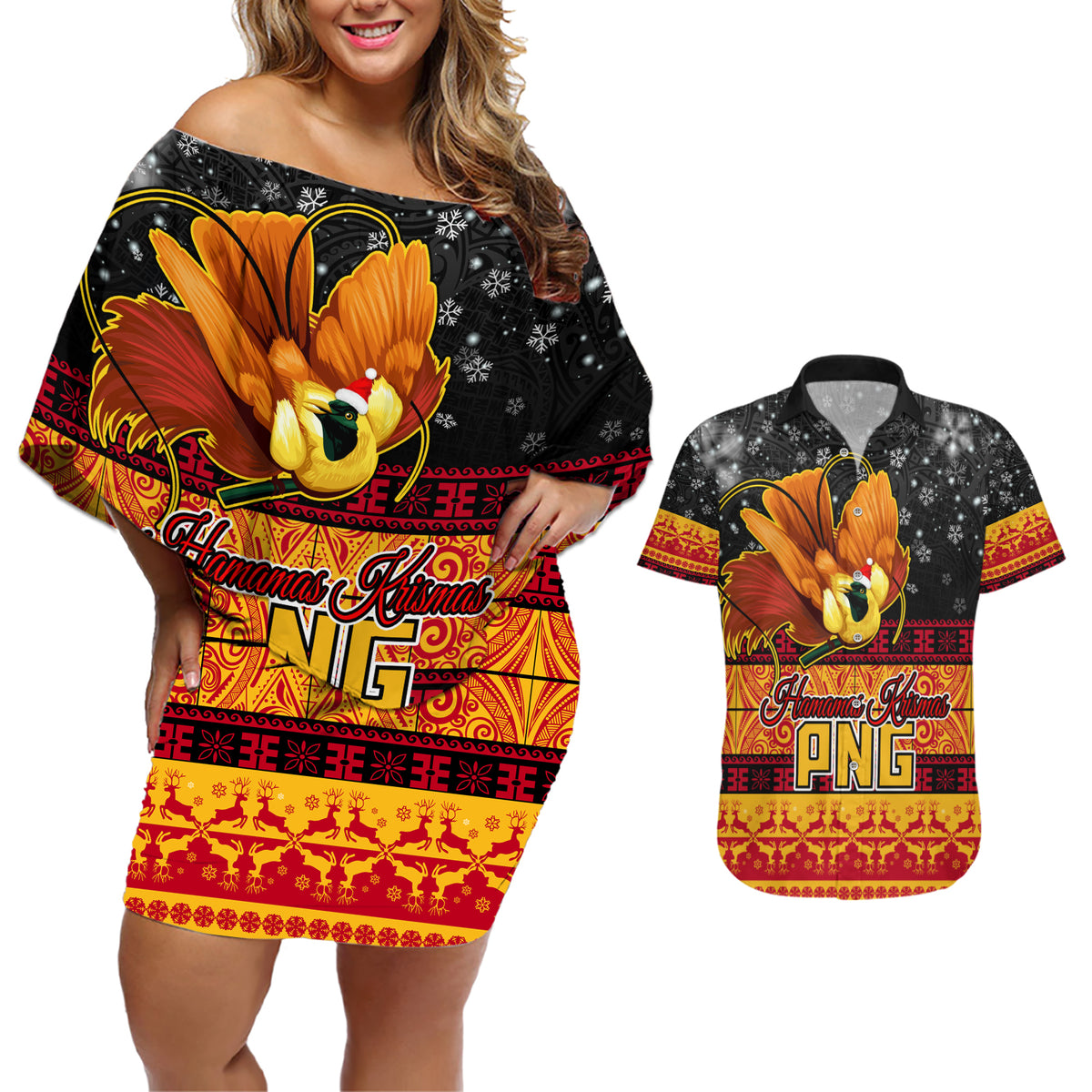 Personalised PNG Hamamas Krismas Couples Matching Off Shoulder Short Dress and Hawaiian Shirt Papua New Guinea Bird Of Paradise Merry Christmas Black Style LT9 - Wonder Print Shop