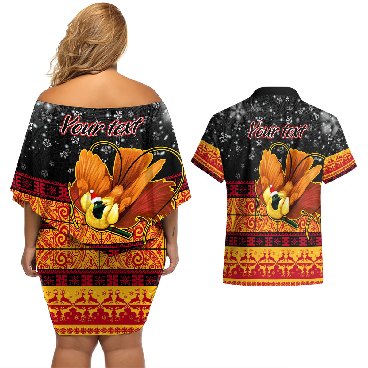 Personalised PNG Hamamas Krismas Couples Matching Off Shoulder Short Dress and Hawaiian Shirt Papua New Guinea Bird Of Paradise Merry Christmas Black Style LT9 - Wonder Print Shop