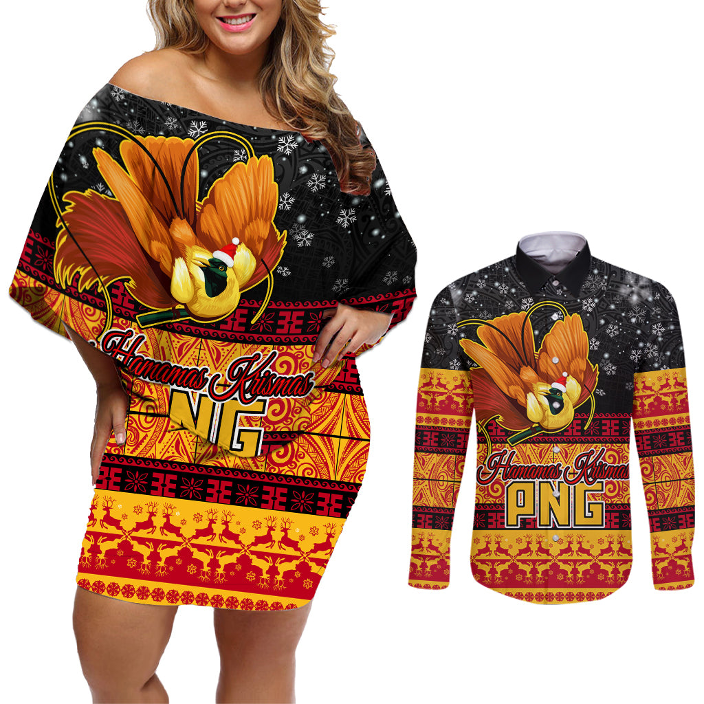Personalised PNG Hamamas Krismas Couples Matching Off Shoulder Short Dress and Long Sleeve Button Shirt Papua New Guinea Bird Of Paradise Merry Christmas Black Style LT9 - Wonder Print Shop