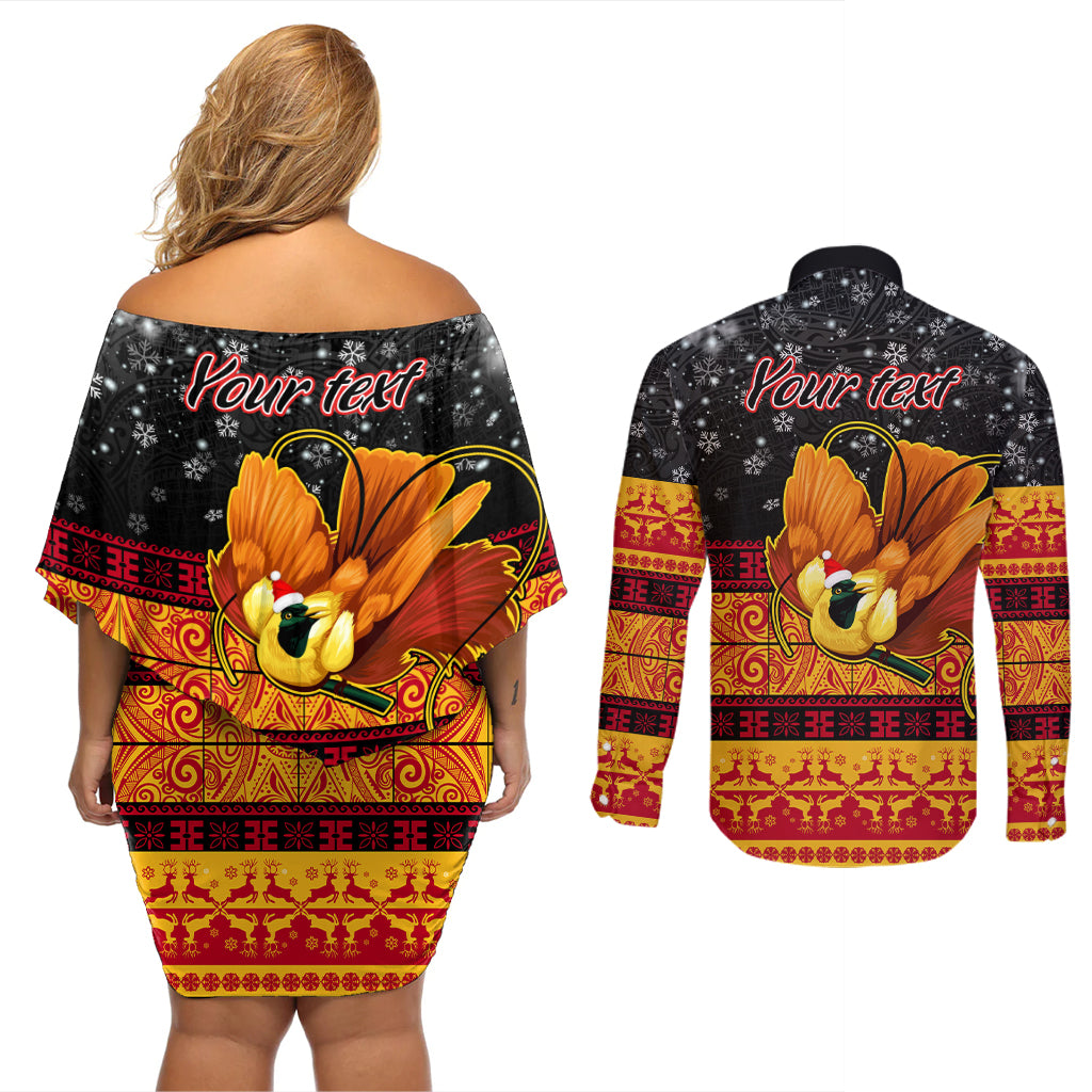 Personalised PNG Hamamas Krismas Couples Matching Off Shoulder Short Dress and Long Sleeve Button Shirt Papua New Guinea Bird Of Paradise Merry Christmas Black Style LT9 - Wonder Print Shop
