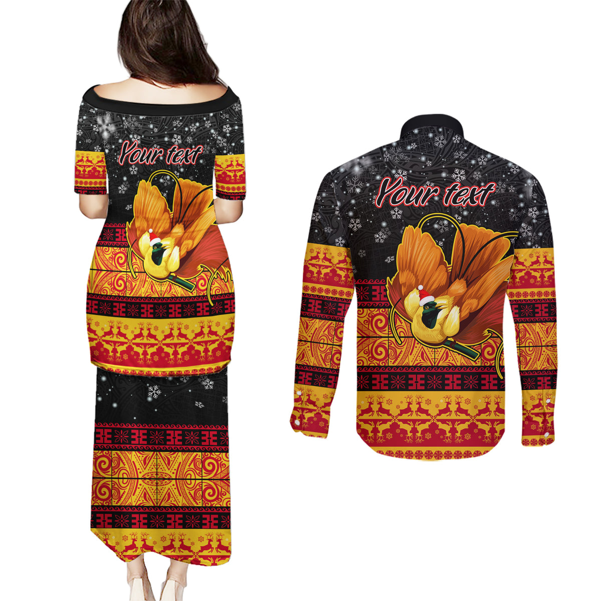 Personalised PNG Hamamas Krismas Couples Matching Puletasi Dress and Long Sleeve Button Shirt Papua New Guinea Bird Of Paradise Merry Christmas Black Style LT9 - Wonder Print Shop
