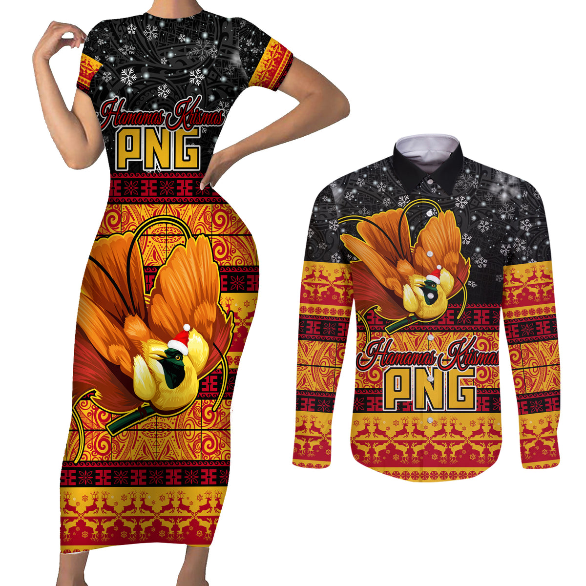 Personalised PNG Hamamas Krismas Couples Matching Short Sleeve Bodycon Dress and Long Sleeve Button Shirt Papua New Guinea Bird Of Paradise Merry Christmas Black Style LT9 - Wonder Print Shop