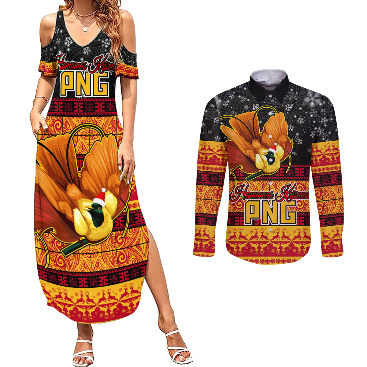 Personalised PNG Hamamas Krismas Couples Matching Summer Maxi Dress and Long Sleeve Button Shirt Papua New Guinea Bird Of Paradise Merry Christmas Black Style LT9 - Wonder Print Shop