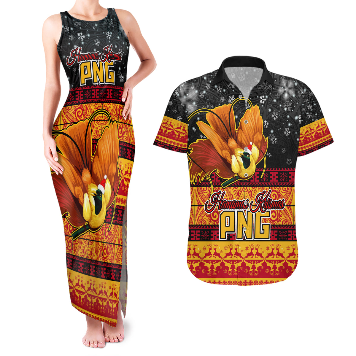 Personalised PNG Hamamas Krismas Couples Matching Tank Maxi Dress and Hawaiian Shirt Papua New Guinea Bird Of Paradise Merry Christmas Black Style LT9 - Wonder Print Shop