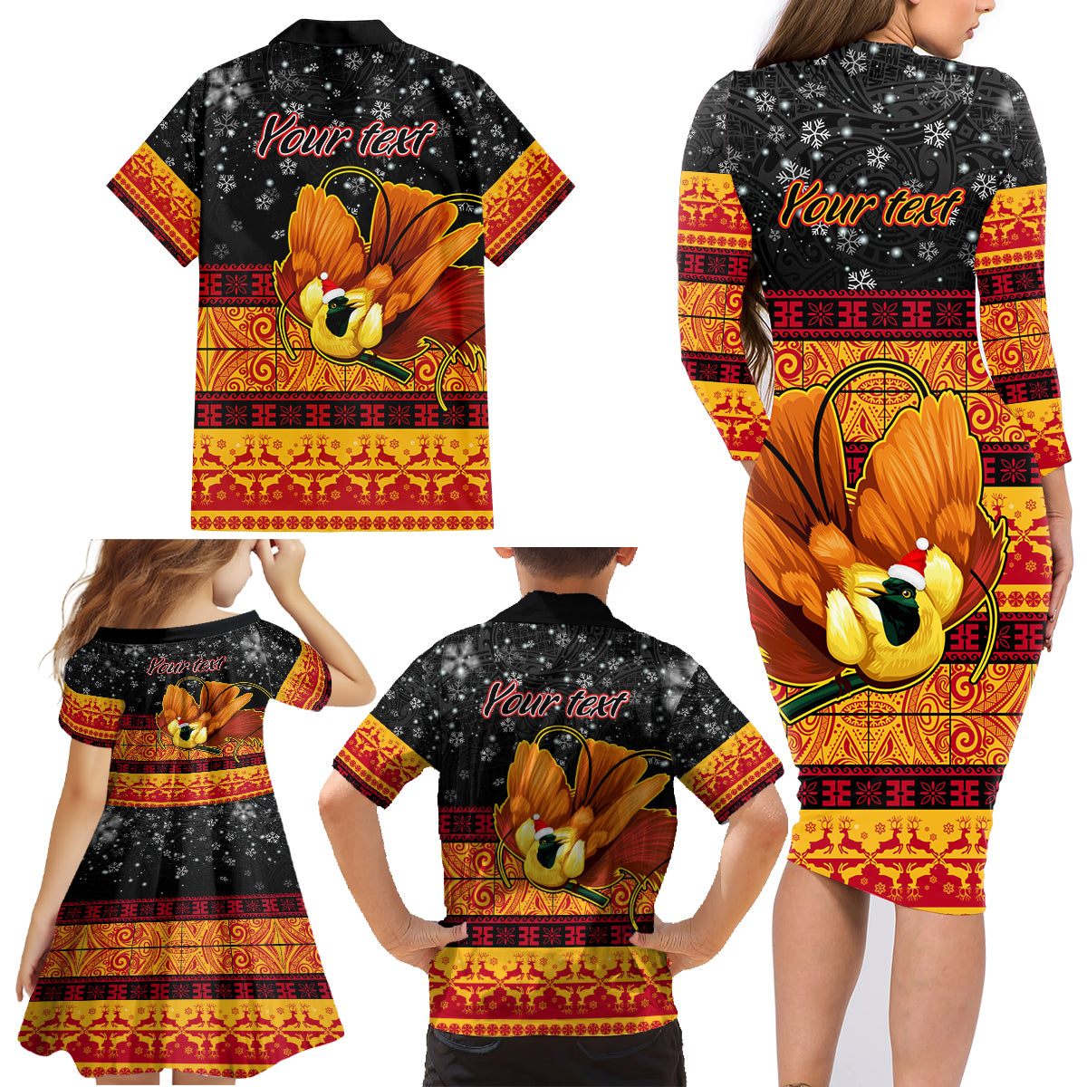 Personalised PNG Hamamas Krismas Family Matching Long Sleeve Bodycon Dress and Hawaiian Shirt Papua New Guinea Bird Of Paradise Merry Christmas Black Style LT9 - Wonder Print Shop