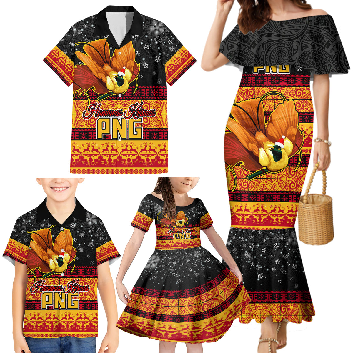 Personalised PNG Hamamas Krismas Family Matching Mermaid Dress and Hawaiian Shirt Papua New Guinea Bird Of Paradise Merry Christmas Black Style LT9 - Wonder Print Shop