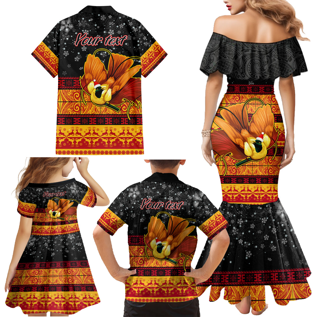 Personalised PNG Hamamas Krismas Family Matching Mermaid Dress and Hawaiian Shirt Papua New Guinea Bird Of Paradise Merry Christmas Black Style LT9 - Wonder Print Shop