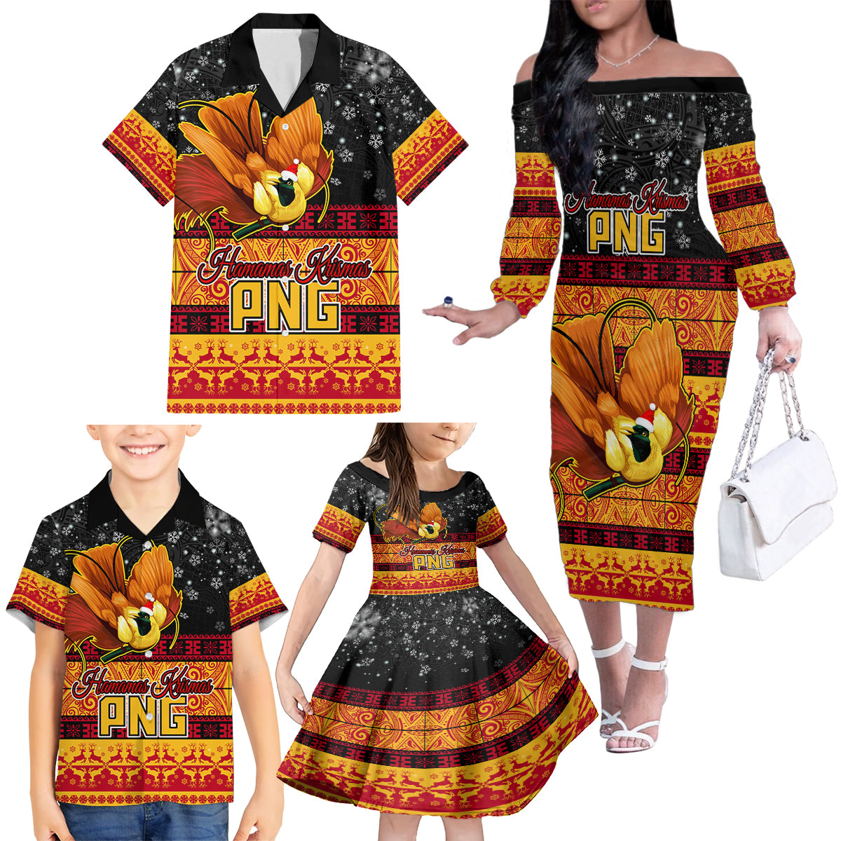 Personalised PNG Hamamas Krismas Family Matching Off Shoulder Long Sleeve Dress and Hawaiian Shirt Papua New Guinea Bird Of Paradise Merry Christmas Black Style - Wonder Print Shop