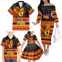 Personalised PNG Hamamas Krismas Family Matching Off Shoulder Long Sleeve Dress and Hawaiian Shirt Papua New Guinea Bird Of Paradise Merry Christmas Black Style - Wonder Print Shop