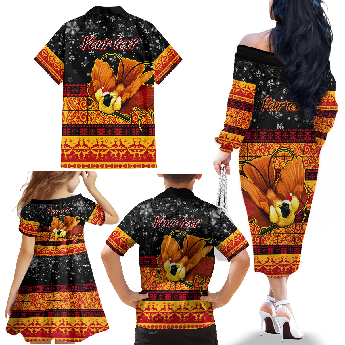 Personalised PNG Hamamas Krismas Family Matching Off Shoulder Long Sleeve Dress and Hawaiian Shirt Papua New Guinea Bird Of Paradise Merry Christmas Black Style - Wonder Print Shop