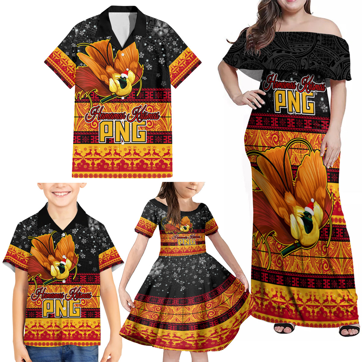 Personalised PNG Hamamas Krismas Family Matching Off Shoulder Maxi Dress and Hawaiian Shirt Papua New Guinea Bird Of Paradise Merry Christmas Black Style LT9 - Wonder Print Shop
