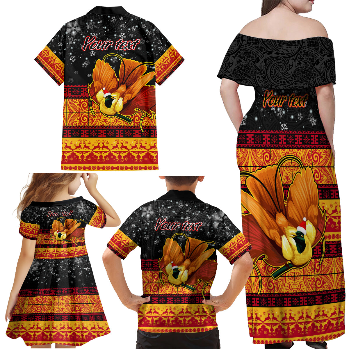 Personalised PNG Hamamas Krismas Family Matching Off Shoulder Maxi Dress and Hawaiian Shirt Papua New Guinea Bird Of Paradise Merry Christmas Black Style LT9 - Wonder Print Shop