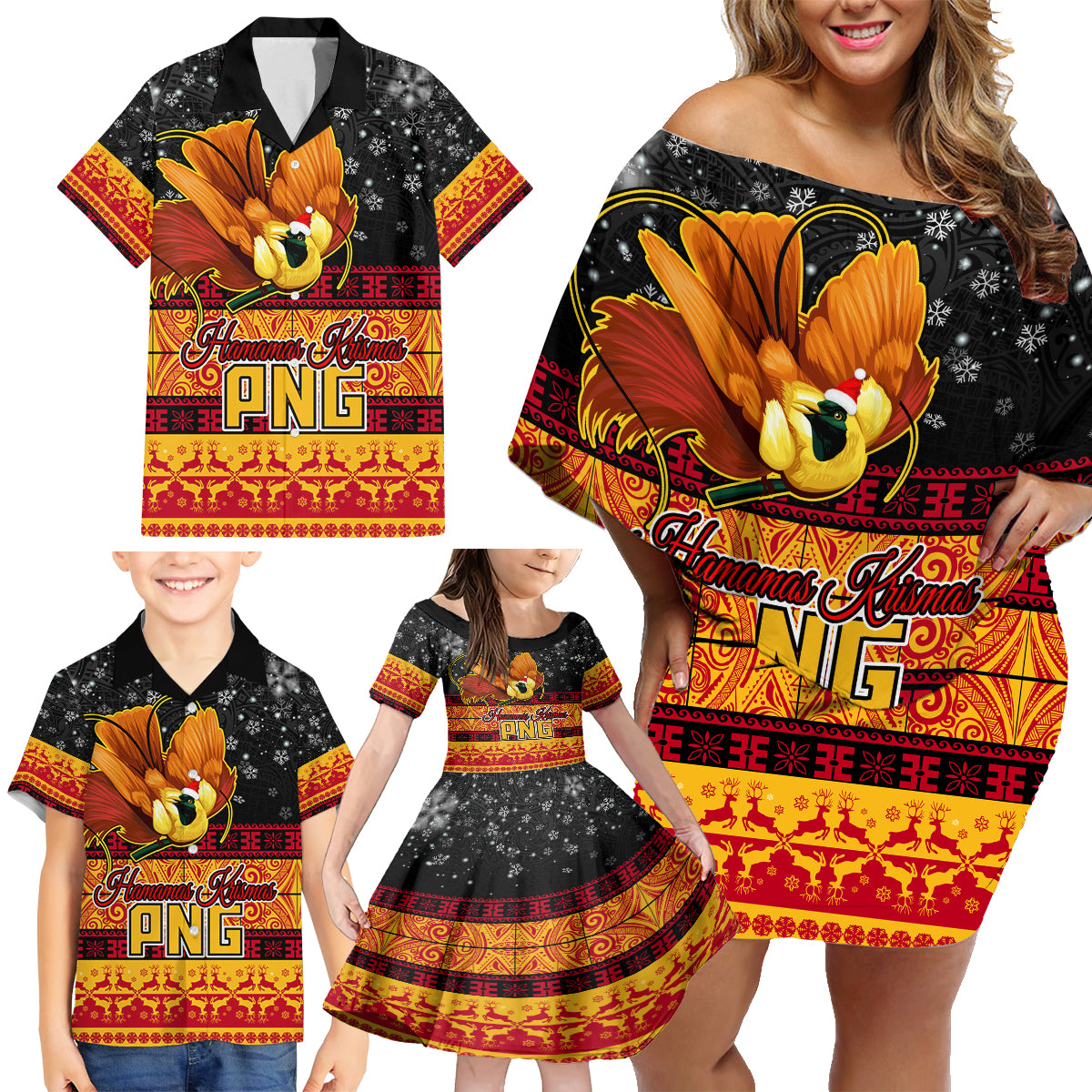 Personalised PNG Hamamas Krismas Family Matching Off Shoulder Short Dress and Hawaiian Shirt Papua New Guinea Bird Of Paradise Merry Christmas Black Style LT9 - Wonder Print Shop